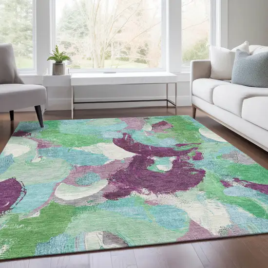 Teal Blue Green And Purple Abstract Washable Indoor Outdoor Area Rug Photo 7