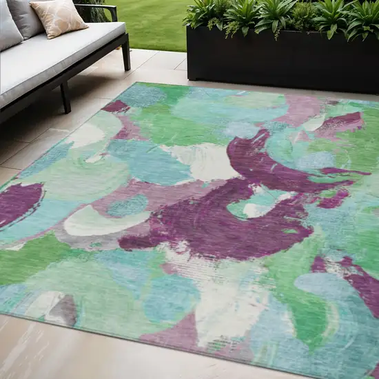 Teal Blue Green And Purple Abstract Washable Indoor Outdoor Area Rug Photo 2