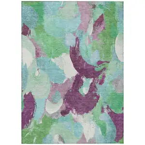 Photo of Teal Blue Green And Purple Abstract Washable Indoor Outdoor Area Rug