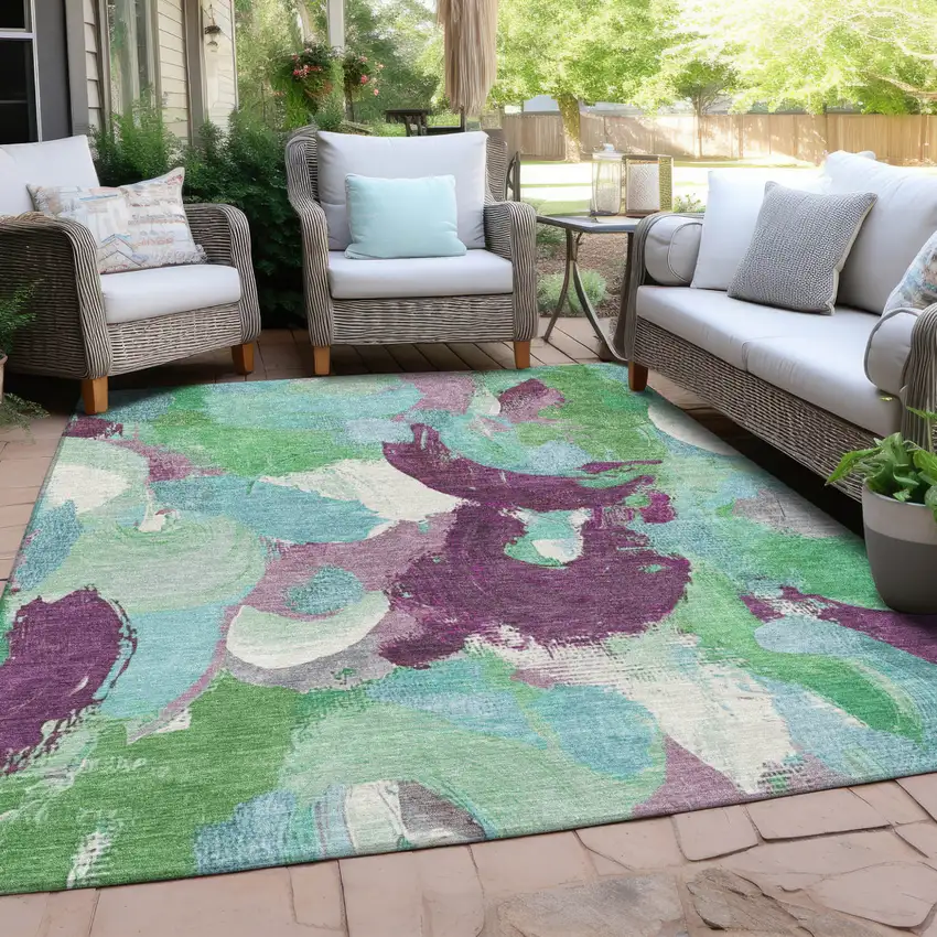 Teal Blue Green And Purple Abstract Washable Indoor Outdoor Area Rug Photo 5