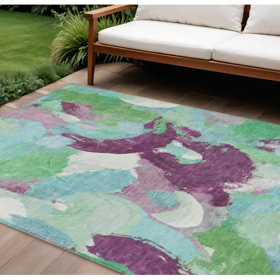 Teal Blue Green And Purple Abstract Washable Indoor Outdoor Area Rug Photo 2