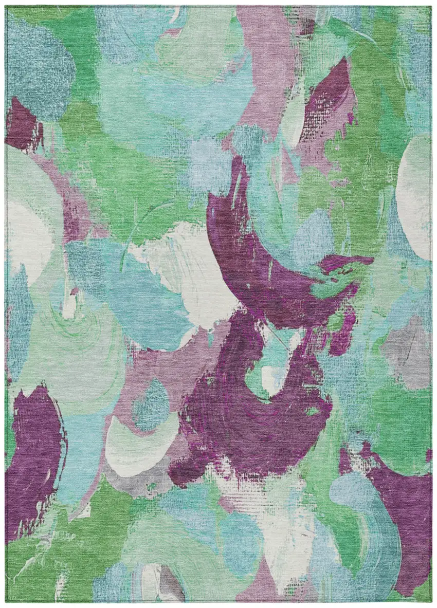 Teal Blue Green And Purple Abstract Washable Indoor Outdoor Area Rug Photo 1