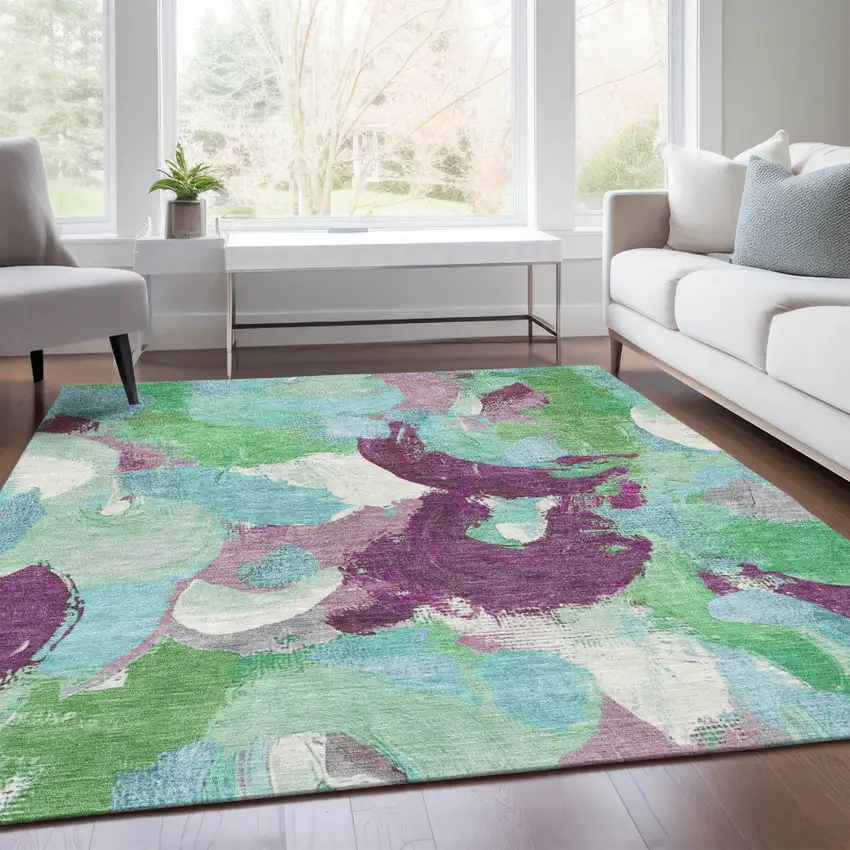 Teal Blue Green And Purple Abstract Washable Indoor Outdoor Area Rug Photo 7