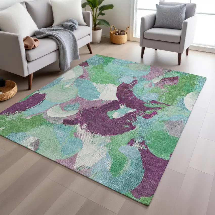 Teal Blue Green And Purple Abstract Washable Indoor Outdoor Area Rug Photo 6