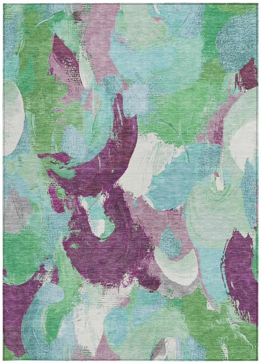 Teal Blue Green And Purple Abstract Washable Indoor Outdoor Area Rug Photo 4