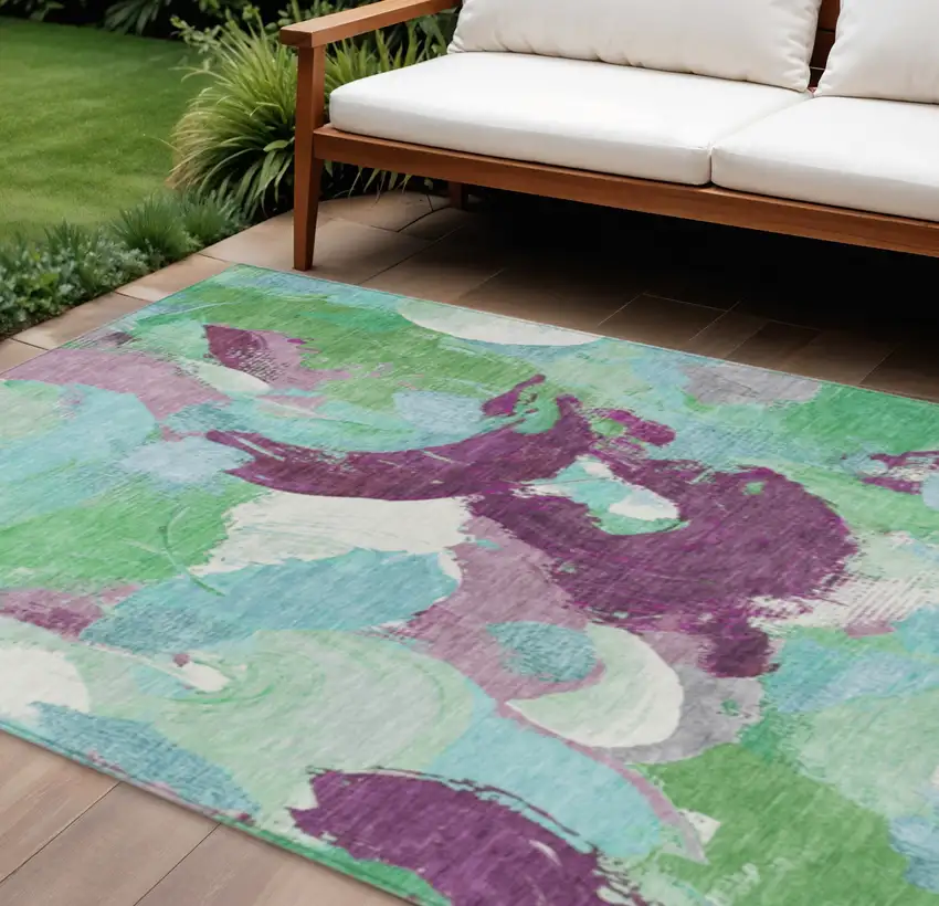 Teal Blue Green And Purple Abstract Washable Indoor Outdoor Area Rug Photo 2