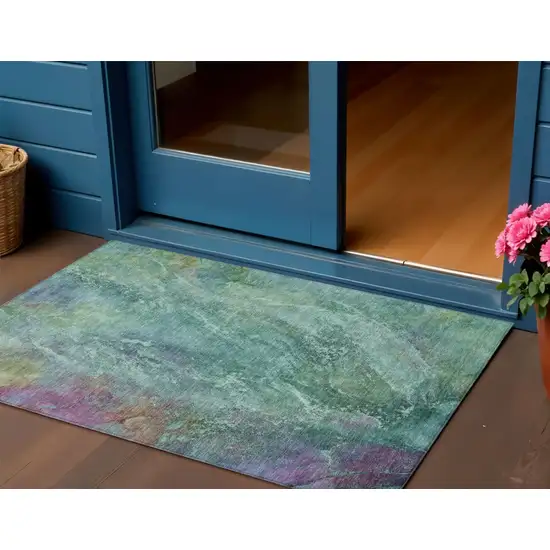 Teal Blue Green And Purple Abstract Washable Indoor Outdoor Area Rug Photo 1