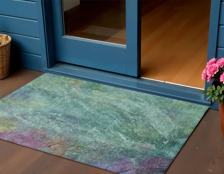 Teal Blue Green And Purple Abstract Washable Indoor Outdoor Area Rug Photo 1