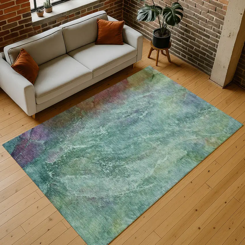 Teal Blue Green And Purple Abstract Washable Indoor Outdoor Area Rug Photo 9