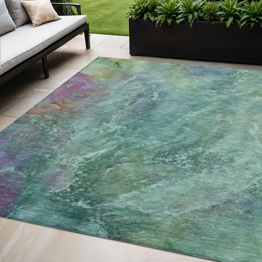 Teal Blue Green And Purple Abstract Washable Indoor Outdoor Area Rug Photo 1
