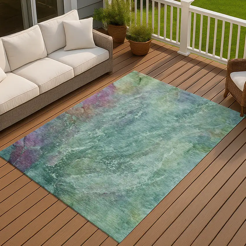 Teal Blue Green And Purple Abstract Washable Indoor Outdoor Area Rug Photo 7