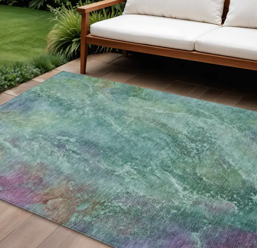 Teal Blue Green And Purple Abstract Washable Indoor Outdoor Area Rug Photo 1