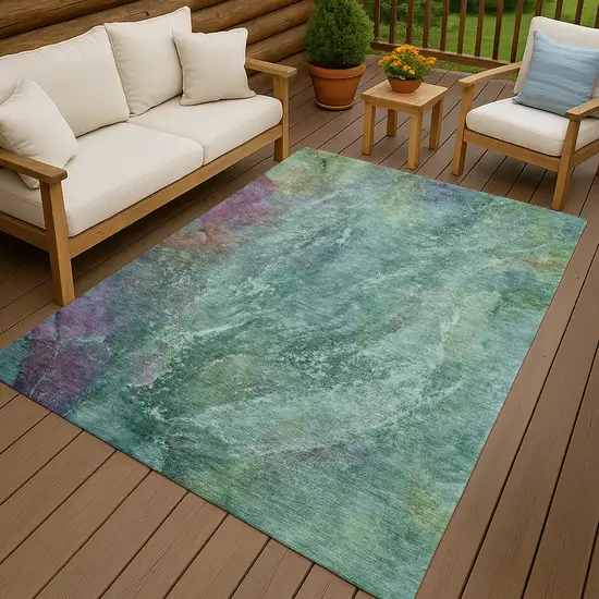 Teal Blue Green And Purple Abstract Washable Indoor Outdoor Area Rug Photo 9