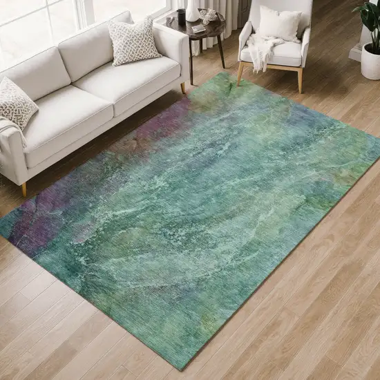 Teal Blue Green And Purple Abstract Washable Indoor Outdoor Area Rug Photo 8