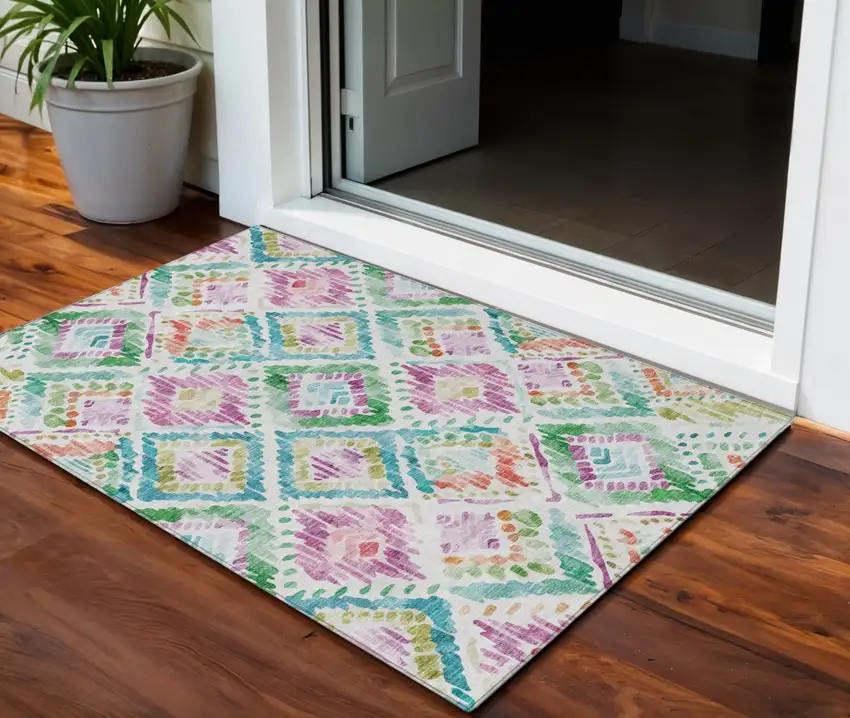 Teal Blue Green And Purple Geometric Washable Indoor Outdoor Area Rug Photo 1