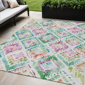Photo of Teal Blue Green And Purple Geometric Washable Indoor Outdoor Area Rug
