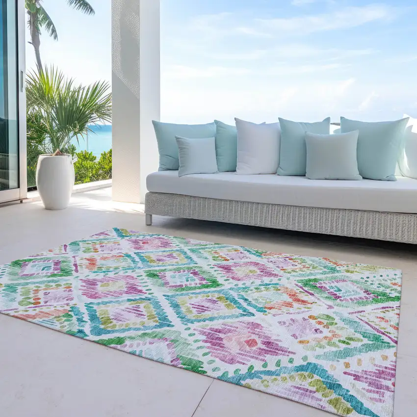Teal Blue Green And Purple Geometric Washable Indoor Outdoor Area Rug Photo 8