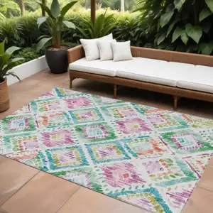 Photo of Teal Blue Green And Purple Geometric Washable Indoor Outdoor Area Rug