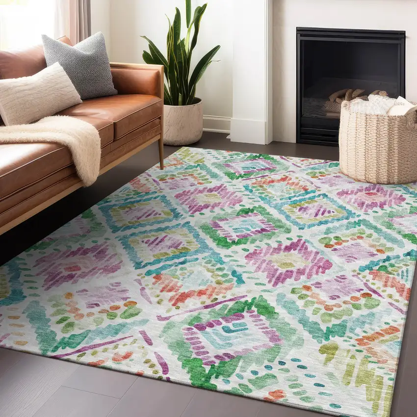 Teal Blue Green And Purple Geometric Washable Indoor Outdoor Area Rug Photo 9