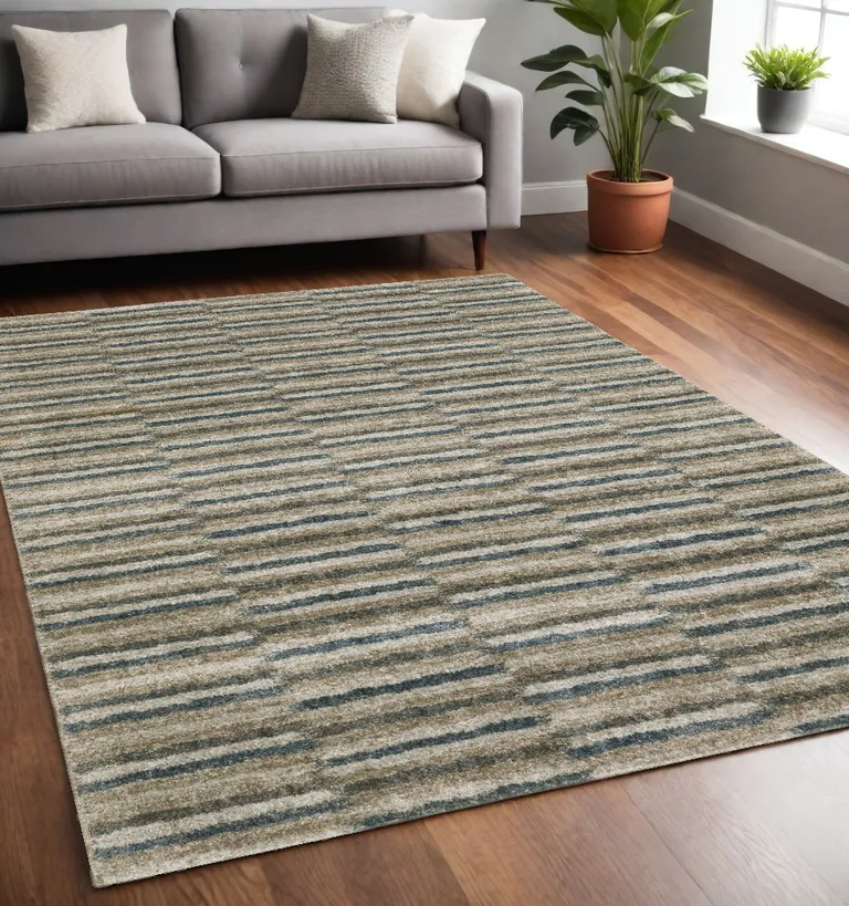 Teal Blue Grey And Tan Geometric Power Loom Stain Resistant Area Rug Photo 2