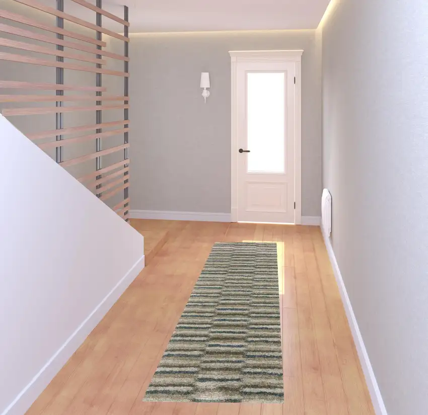 Teal Blue Grey And Tan Geometric Power Loom Stain Resistant Runner Rug Photo 2