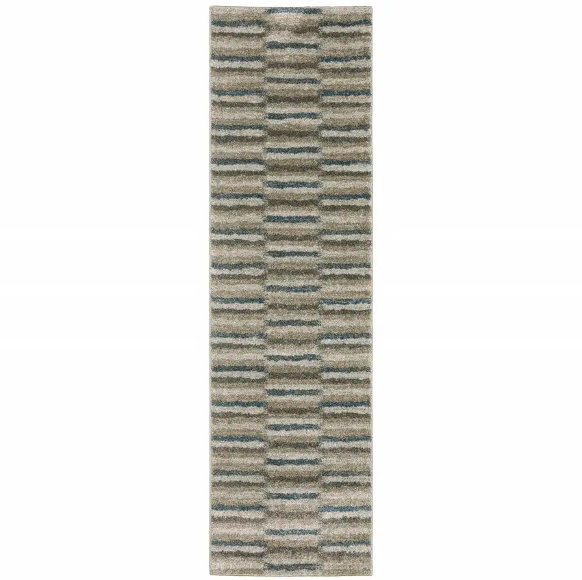 Teal Blue Grey And Tan Geometric Power Loom Stain Resistant Runner Rug Photo 1