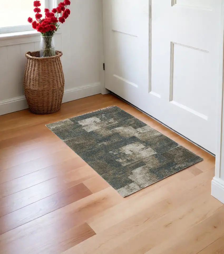 Teal Blue Geometric Power Loom Area Rug Photo 1