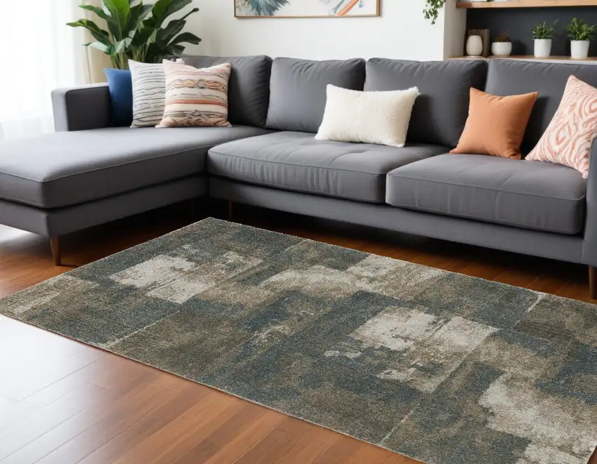 Teal Blue Geometric Power Loom Area Rug Photo 1