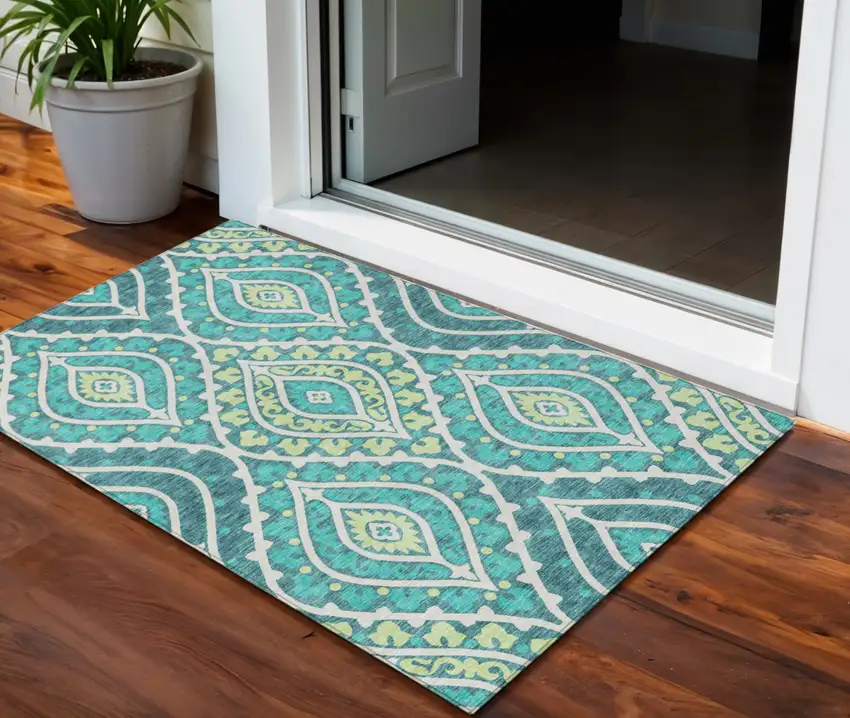 Teal Blue Ivory And Artichoke Green Floral Washable Indoor Outdoor Area Rug Photo 1