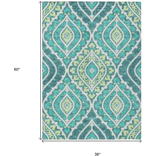 Teal Blue Ivory And Artichoke Green Floral Washable Indoor Outdoor Area Rug Photo 8