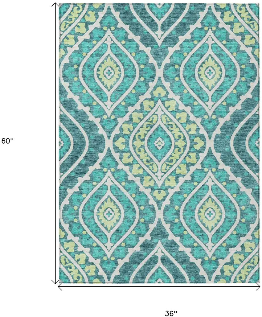 Teal Blue Ivory And Artichoke Green Floral Washable Indoor Outdoor Area Rug Photo 8
