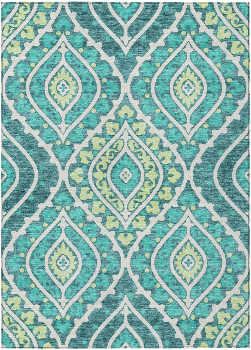 Teal Blue Ivory And Artichoke Green Floral Washable Indoor Outdoor Area Rug Photo 1