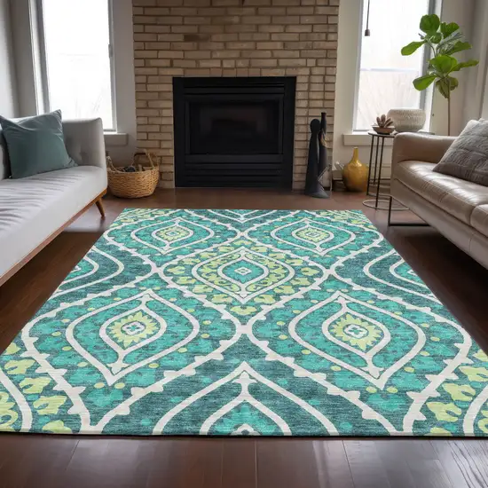 Teal Blue Ivory And Artichoke Green Floral Washable Indoor Outdoor Area Rug Photo 8