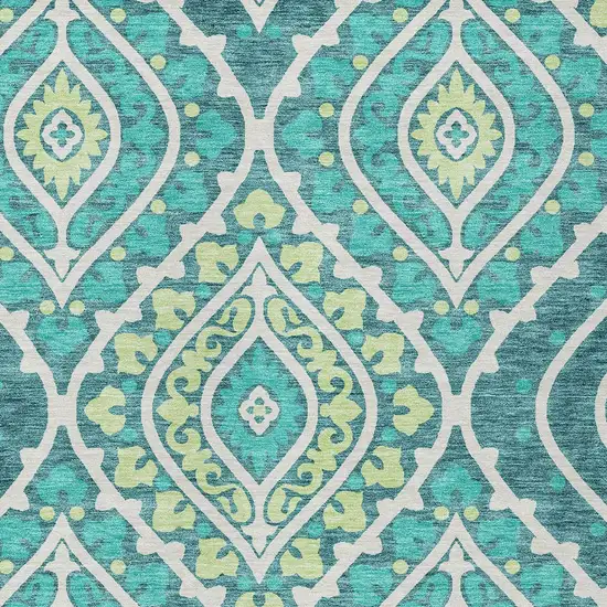 Teal Blue Ivory And Artichoke Green Floral Washable Indoor Outdoor Area Rug Photo 5