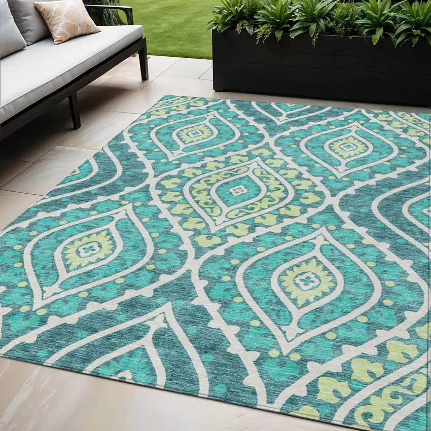 Teal Blue Ivory And Artichoke Green Floral Washable Indoor Outdoor Area Rug Photo 1