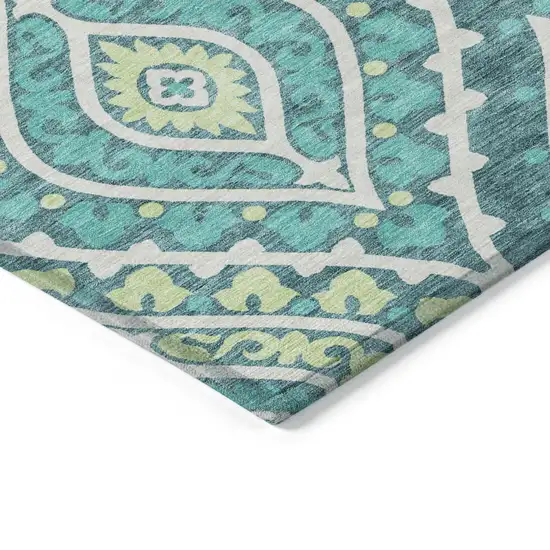Teal Blue Ivory And Artichoke Green Floral Washable Indoor Outdoor Area Rug Photo 3