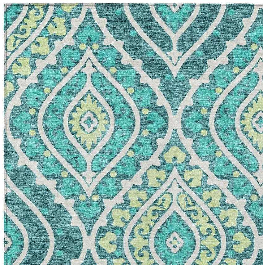 Teal Blue Ivory And Artichoke Green Floral Washable Indoor Outdoor Area Rug Photo 5