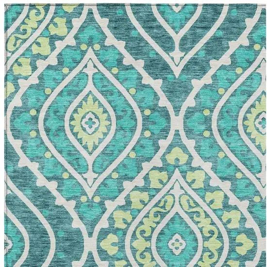 Teal Blue Ivory And Artichoke Green Floral Washable Indoor Outdoor Area Rug Photo 5