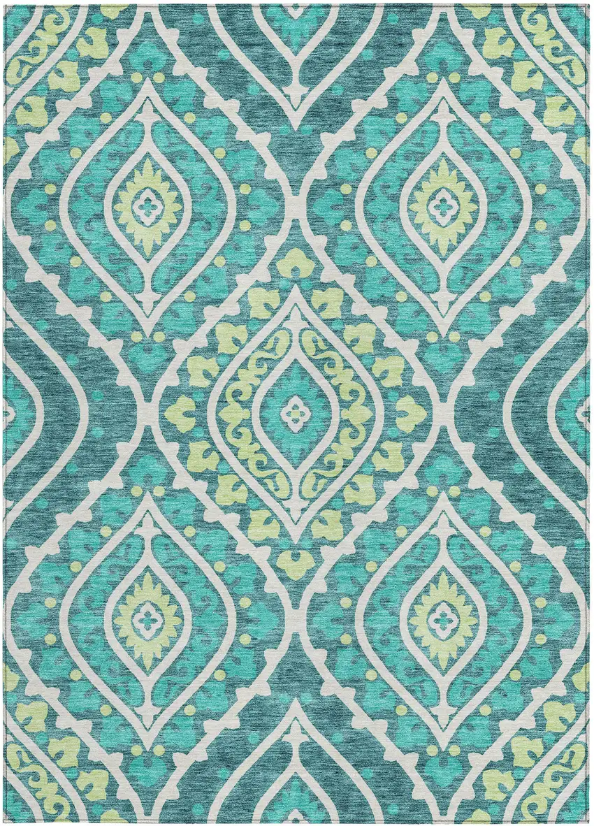 Teal Blue Ivory And Artichoke Green Floral Washable Indoor Outdoor Area Rug Photo 6