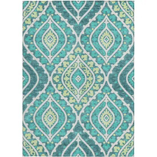 Teal Blue Ivory And Artichoke Green Floral Washable Indoor Outdoor Area Rug Photo 6