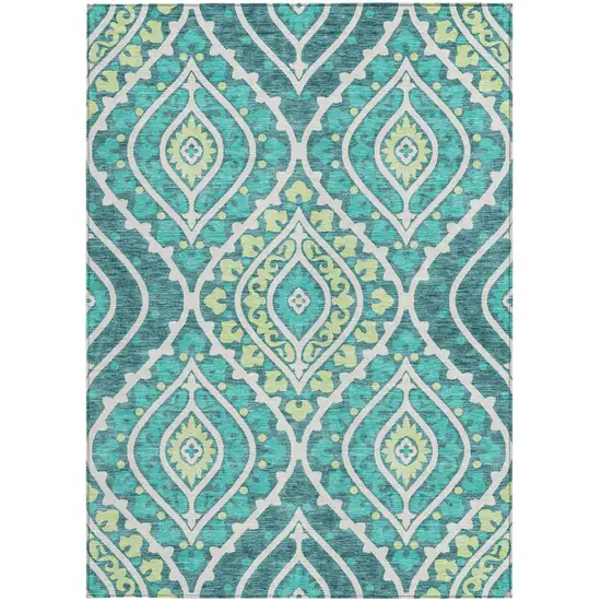 Teal Blue Ivory And Artichoke Green Floral Washable Indoor Outdoor Area Rug Photo 6