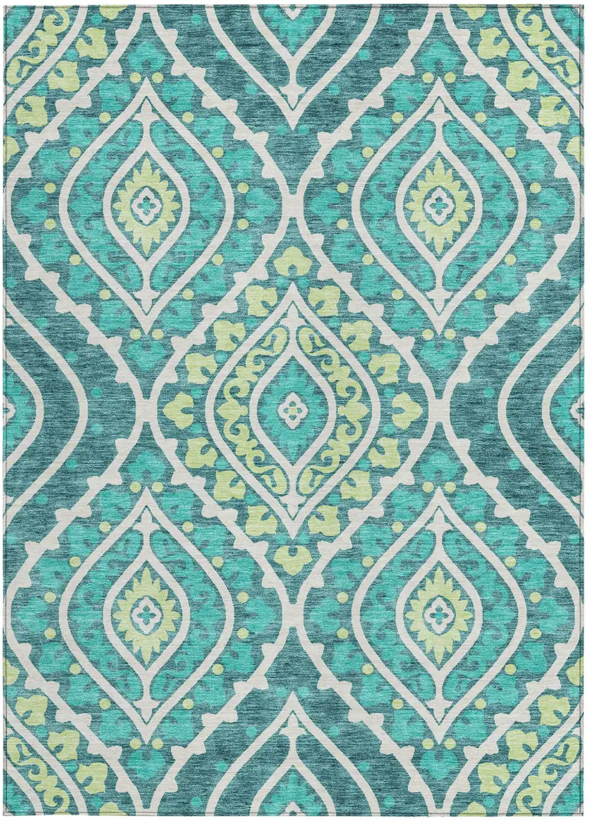 Teal Blue Ivory And Artichoke Green Floral Washable Indoor Outdoor Area Rug Photo 6