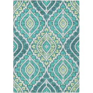 Photo of Teal Blue Ivory And Artichoke Green Floral Washable Indoor Outdoor Area Rug