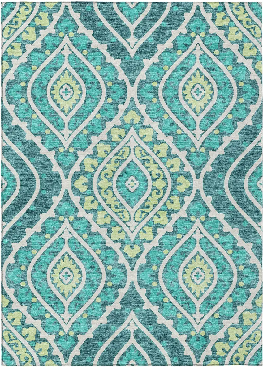 Teal Blue Ivory And Artichoke Green Floral Washable Indoor Outdoor Area Rug Photo 1