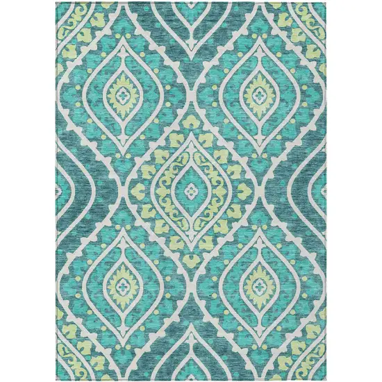 Teal Blue Ivory And Artichoke Green Floral Washable Indoor Outdoor Area Rug Photo 1