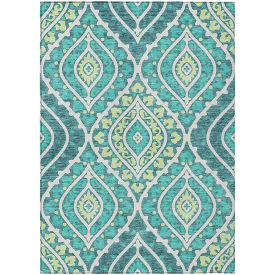 Teal Blue Ivory And Artichoke Green Floral Washable Indoor Outdoor Area Rug Photo 1