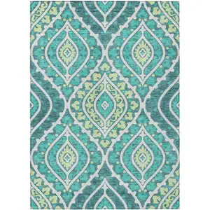 Photo of Teal Blue Ivory And Artichoke Green Floral Washable Indoor Outdoor Area Rug