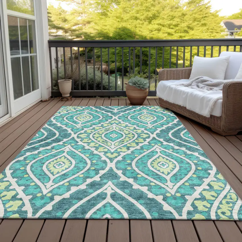 Teal Blue Ivory And Artichoke Green Floral Washable Indoor Outdoor Area Rug Photo 7