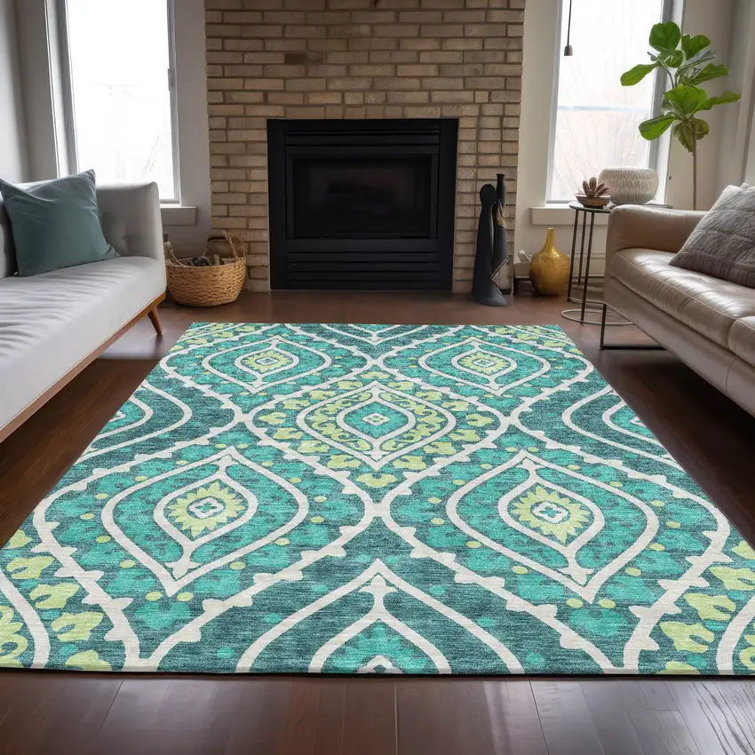 Teal Blue Ivory And Artichoke Green Floral Washable Indoor Outdoor Area Rug Photo 8