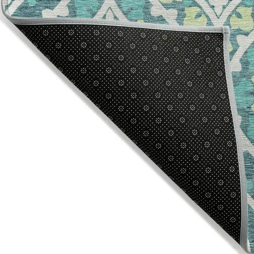 Teal Blue Ivory And Artichoke Green Floral Washable Indoor Outdoor Area Rug Photo 2